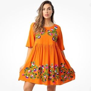 Riviera Sun. Rayon Crepe Short Dress with Multicolored Embroidery